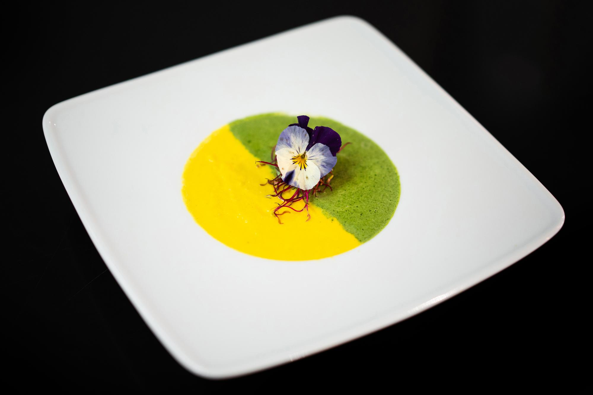 Close-up plated dish with neon lighting