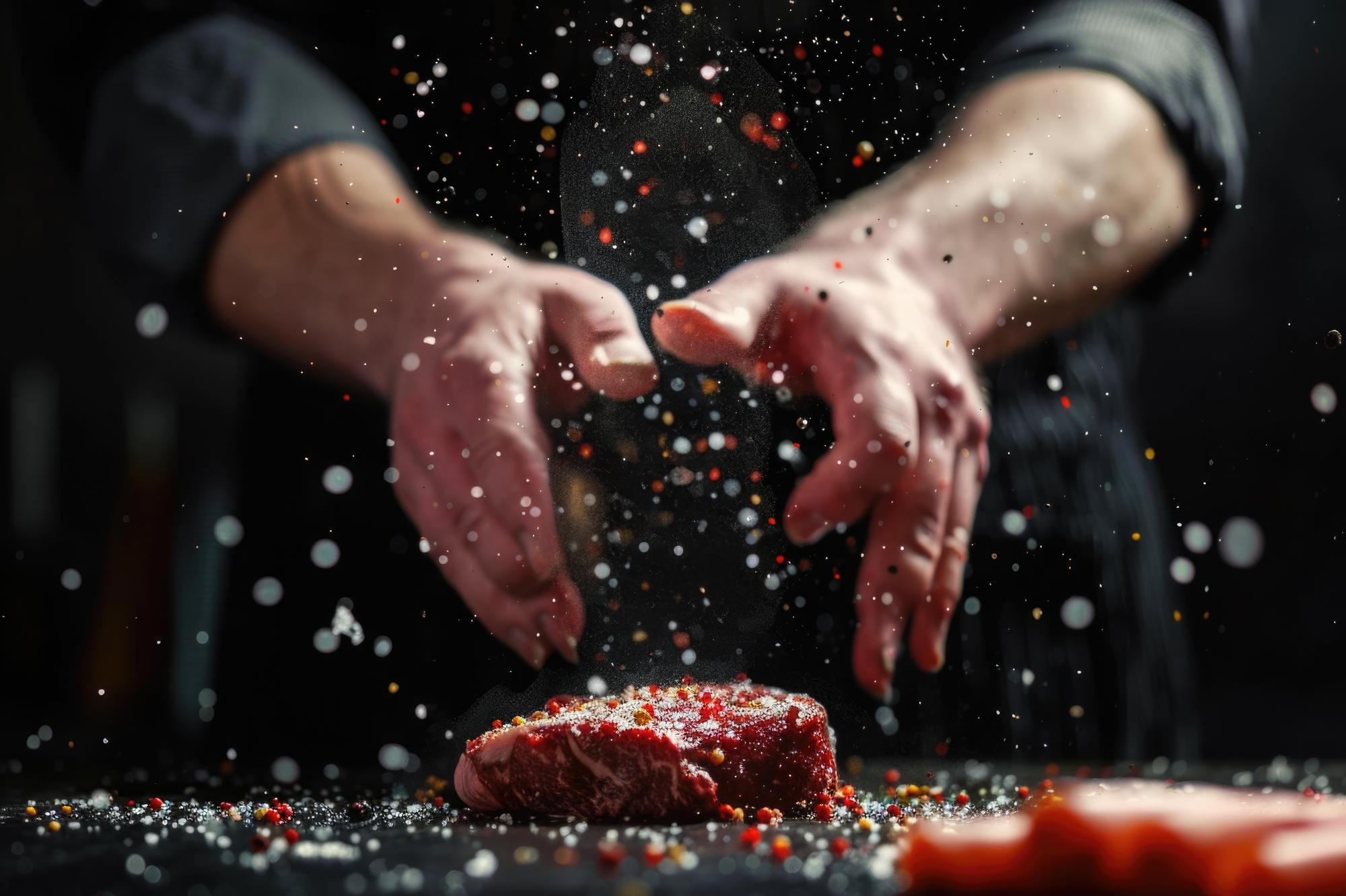 Hands seasoning a steak with modern tweezers
